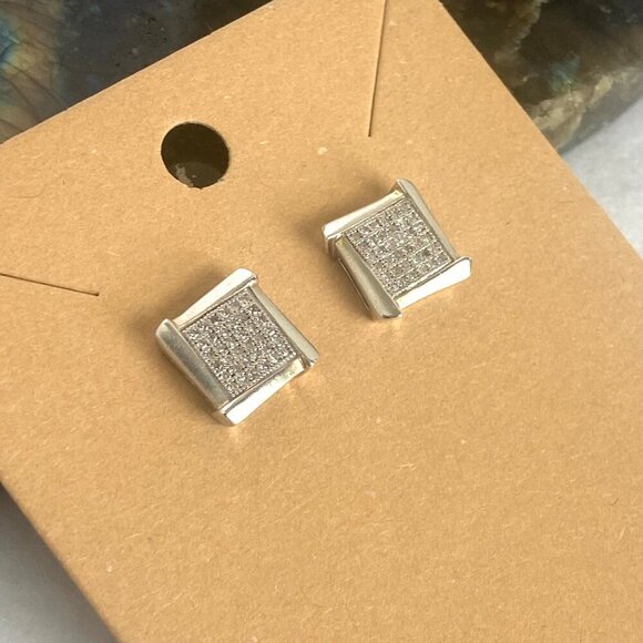 Sterling Silver 925 JTW Multistone Pave Round Diamond Square Stud Post Earrings - Picture 3 of 16